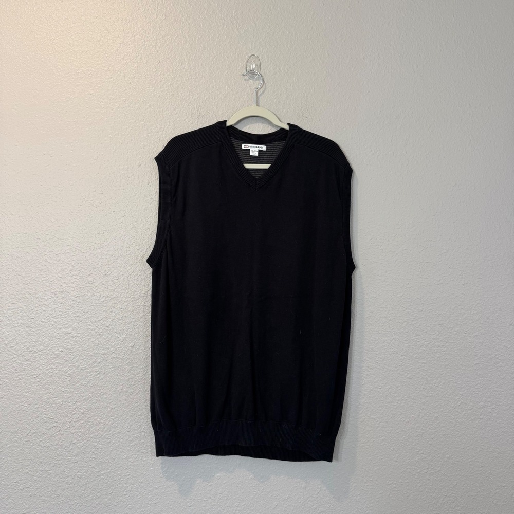 Cutter & Buck Men's Size XXL Black V-Neck 100% Cotton Ribbed Knit‎ Sweater Vest